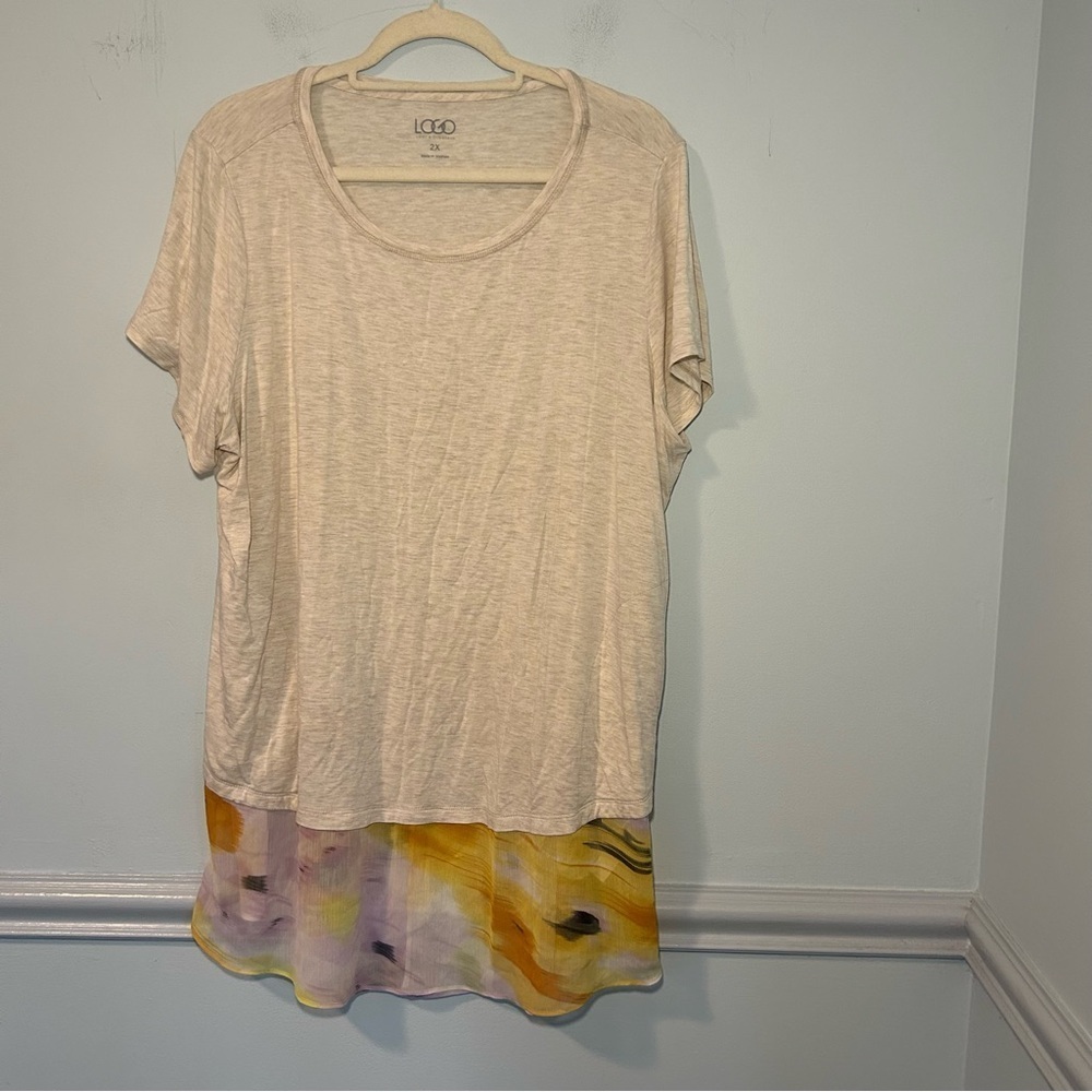 LOGO Lori Goldstein Cream Knit & Yellow Mesh Bottom Trim Short Sleeve Top 2XL